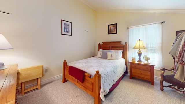 carpeted bedroom with baseboards, ornamental molding, and vaulted ceiling