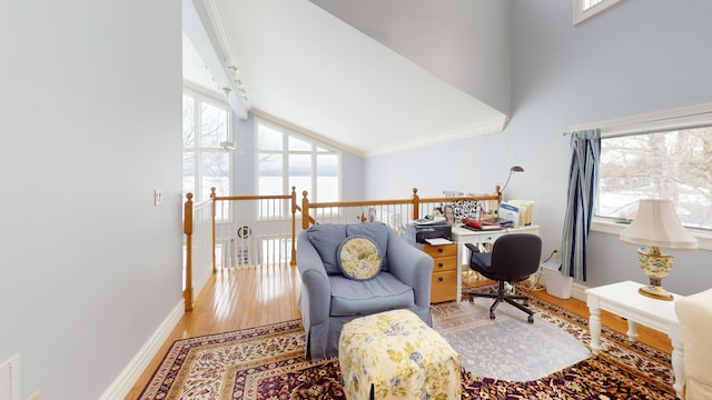 office space with vaulted ceiling, ceiling fan, baseboards, and wood finished floors