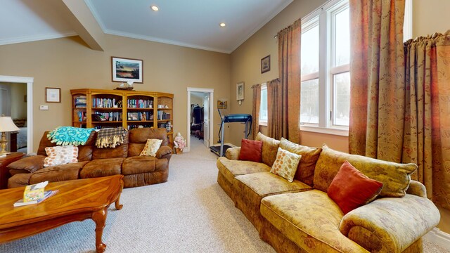 carpeted living area with ornamental molding, recessed lighting, a healthy amount of sunlight, and vaulted ceiling