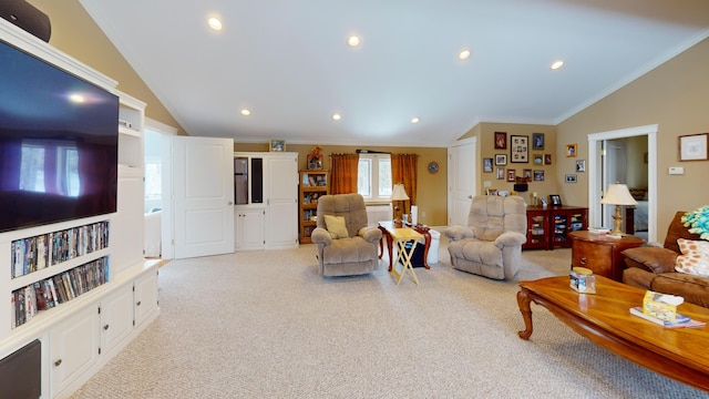 living area featuring lofted ceiling, recessed lighting, crown molding, and light colored carpet