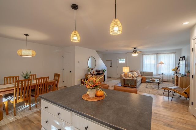 46 Firefly Ln, Bangor, ME 04401 - kitchen featuring dark countertops, white cabinetry, ceiling fan, light wood-style floors, and recessed lighting