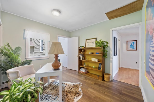 office space with baseboards and wood finished floors