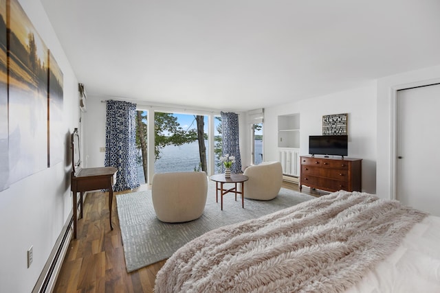 bedroom featuring a baseboard heating unit and wood finished floors