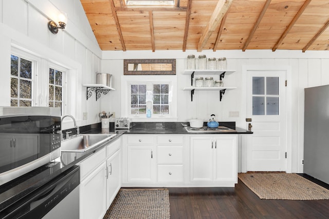 kitchen featuring stainless steel appliances, wood ceiling, a sink, and open shelves