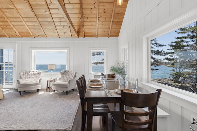 dining room featuring lofted ceiling with beams and wooden ceiling