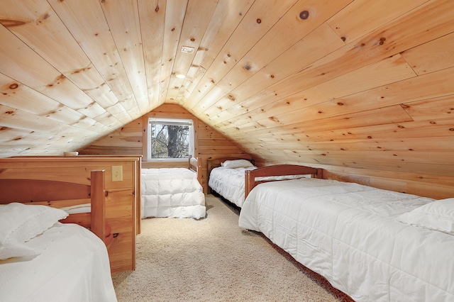 carpeted bedroom featuring wooden ceiling, wooden walls, and vaulted ceiling