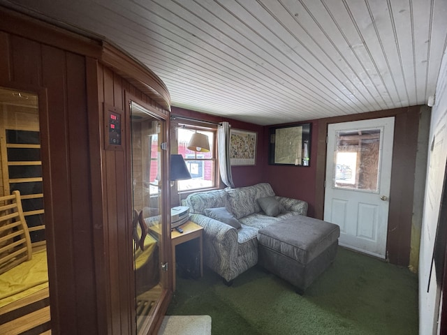 51 N Guilford Rd, Monson, ME 04464 - carpeted living area with wooden ceiling