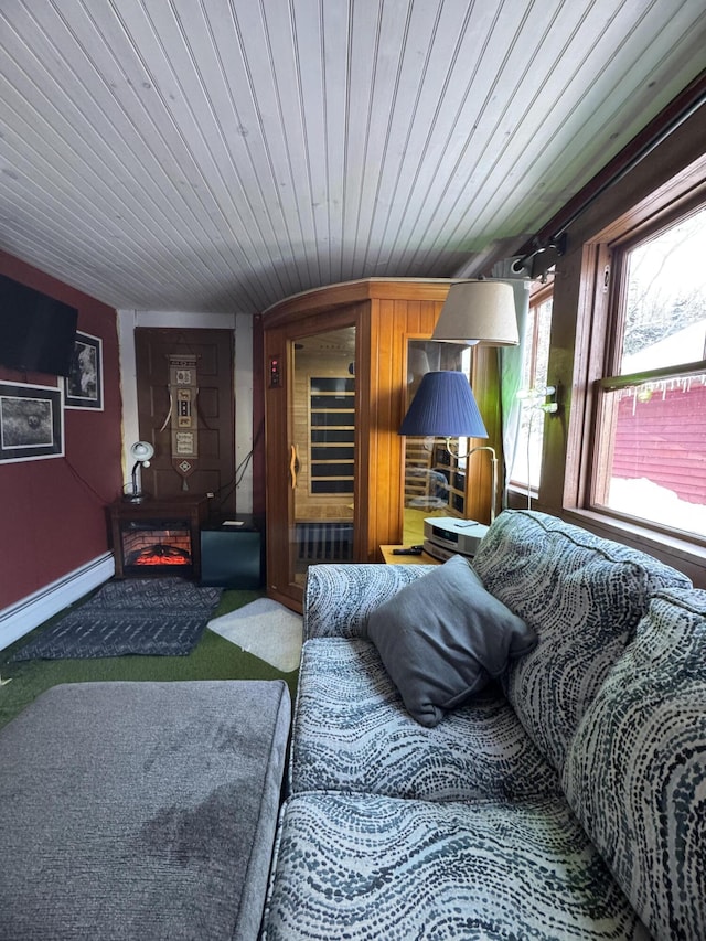51 N Guilford Rd, Monson, ME 04464 - living area featuring a baseboard radiator, carpet, a fireplace, and wooden ceiling
