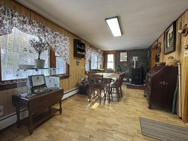 51 N Guilford Rd, Monson, ME 04464 - dining room with a baseboard radiator, a wood stove, wood walls, and light wood-style floors