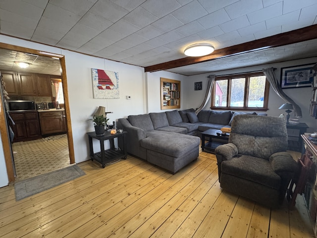 51 N Guilford Rd, Monson, ME 04464 - living area with light wood-style flooring and beam ceiling