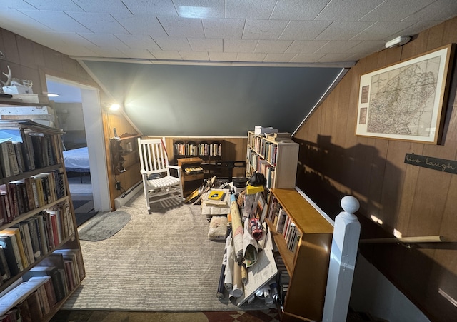 51 N Guilford Rd, Monson, ME 04464 - living area featuring wood walls, carpet flooring, and vaulted ceiling