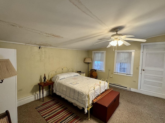 bedroom featuring lofted ceiling, carpet floors, a baseboard radiator, baseboards, and ceiling fan