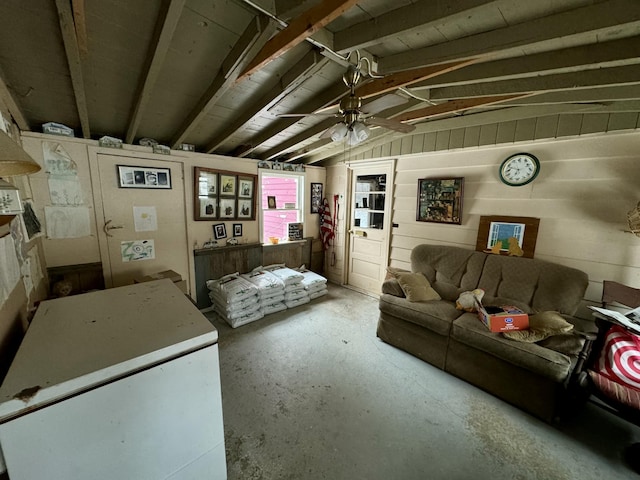 living room with vaulted ceiling and ceiling fan