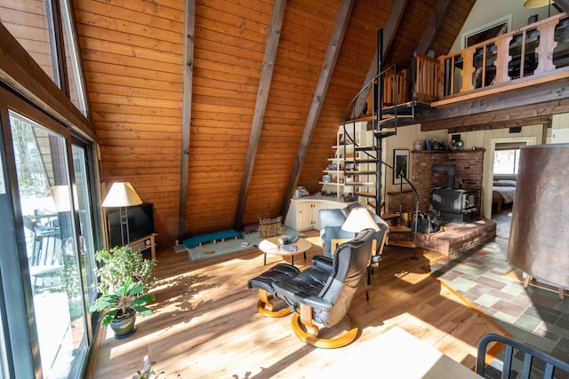 living room featuring high vaulted ceiling, wood finished floors, wood ceiling, beam ceiling, and a wood stove