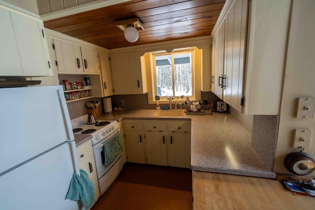 kitchen featuring white appliances, wooden ceiling, a sink, and white cabinets