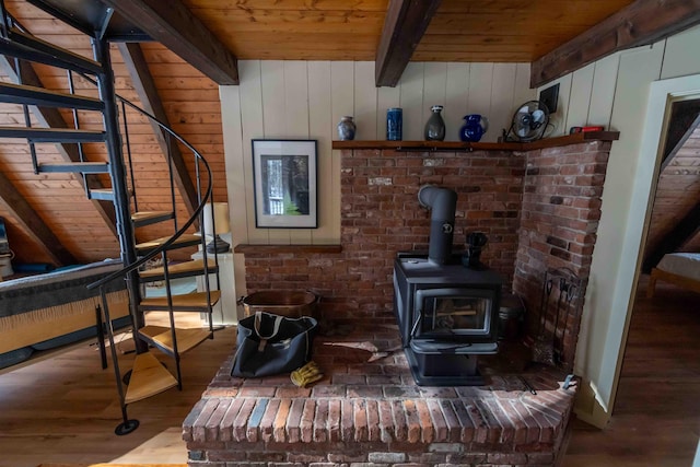 interior details with a wood stove and wood finished floors