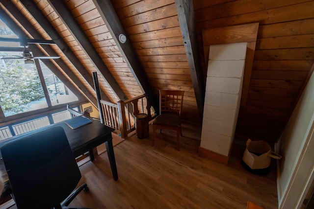 interior space featuring vaulted ceiling with beams, wooden ceiling, and wood finished floors