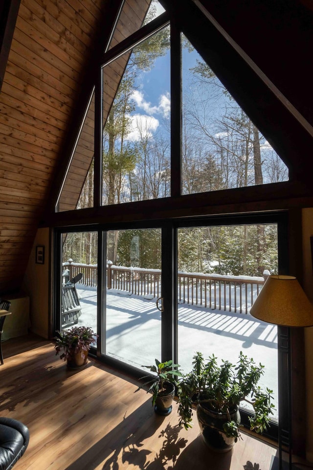 interior space featuring wooden ceiling, a wealth of natural light, a wall of windows, and wood finished floors