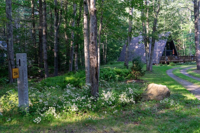 view of yard with a wooded view