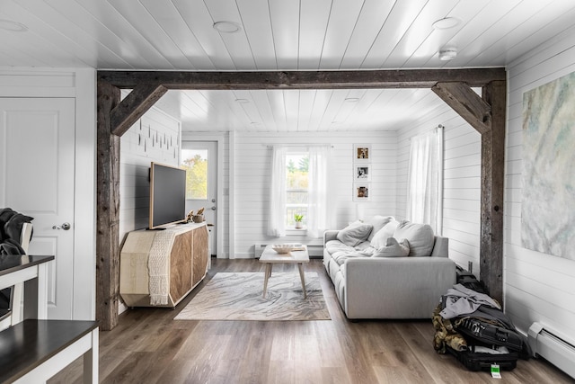 living area featuring dark wood-style flooring, baseboard heating, a baseboard heating unit, wood walls, and wooden ceiling