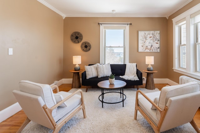 living area with baseboards, wood finished floors, and crown molding