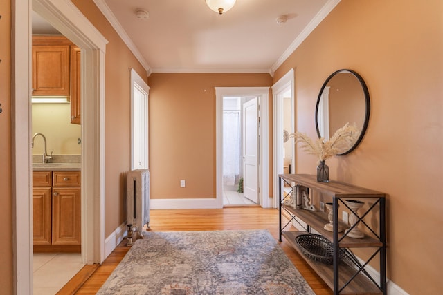 interior space featuring baseboards, light wood finished floors, ornamental molding, and radiator