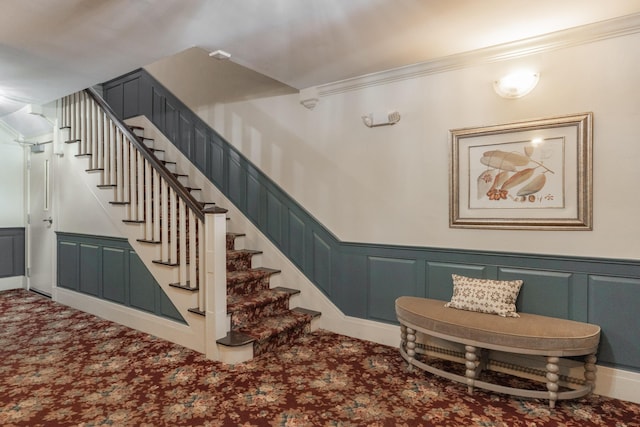 stairs with carpet floors, a wainscoted wall, a decorative wall, and crown molding