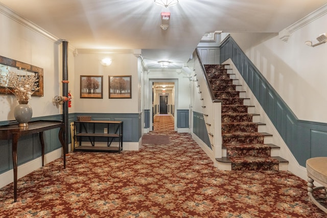 carpeted entryway with stairs, ornamental molding, wainscoting, and a decorative wall