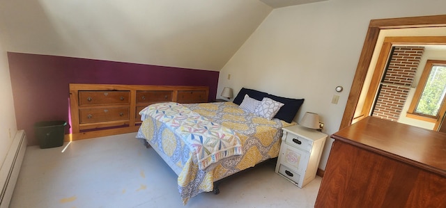 bedroom with lofted ceiling, light carpet, and a baseboard heating unit