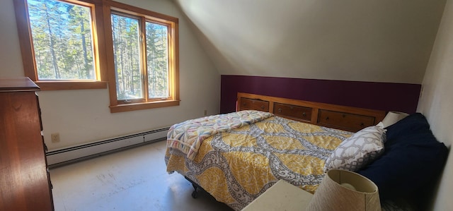 bedroom featuring vaulted ceiling, multiple windows, and a baseboard radiator