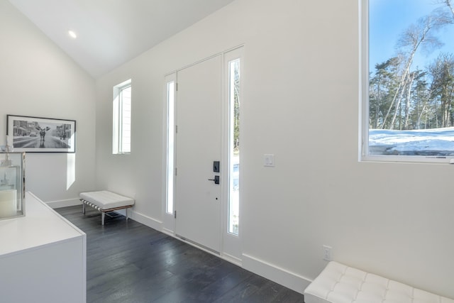 entryway with lofted ceiling, dark wood-style flooring, and baseboards