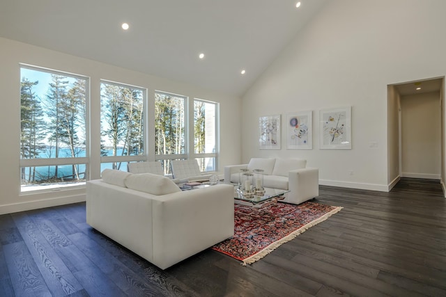 living area featuring dark wood-style floors, recessed lighting, high vaulted ceiling, and baseboards