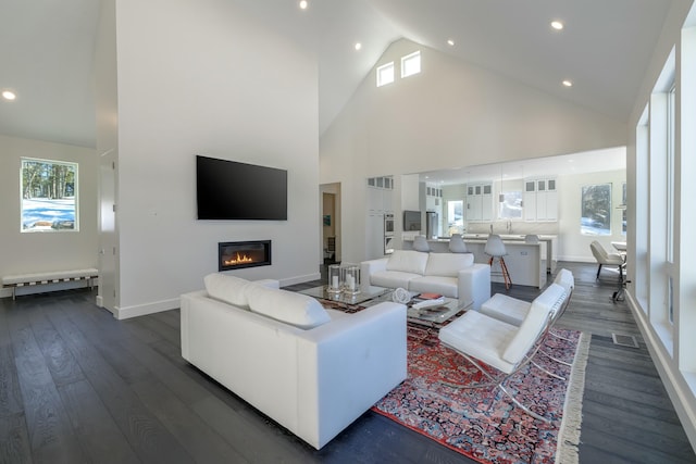 living area featuring dark wood-style floors, plenty of natural light, a glass covered fireplace, and baseboards