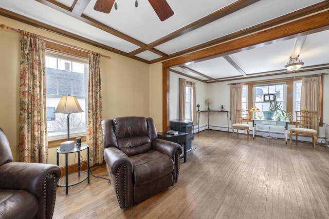 sitting room featuring wood-type flooring, baseboard heating, ceiling fan, coffered ceiling, and beamed ceiling