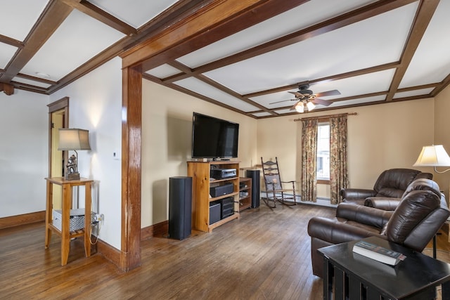 living room featuring beam ceiling, wood-type flooring, coffered ceiling, and baseboards