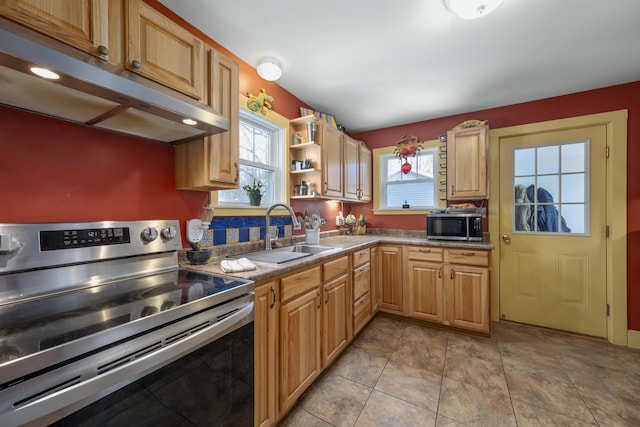 kitchen featuring under cabinet range hood, plenty of natural light, stainless steel appliances, and a sink