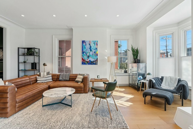 living room with light wood-type flooring, crown molding, and recessed lighting