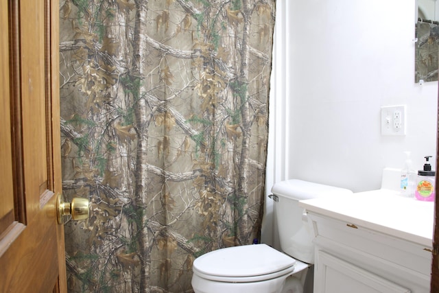 bathroom with vanity, toilet, and a shower with curtain