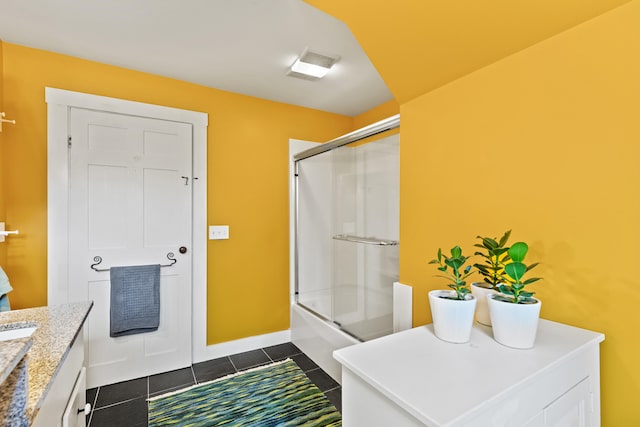 323 Runaround Pond Rd, Durham, ME 04222 - full bathroom featuring vanity, tile patterned flooring, and enclosed tub / shower combo