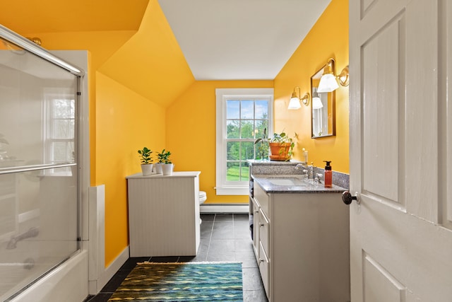 323 Runaround Pond Rd, Durham, ME 04222 - full bathroom with a baseboard radiator, vanity, toilet, baseboards, and bath / shower combo with glass door