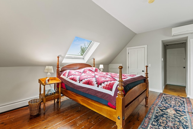 323 Runaround Pond Rd, Durham, ME 04222 - bedroom featuring a wall mounted AC, hardwood / wood-style floors, vaulted ceiling, a skylight, and a baseboard radiator