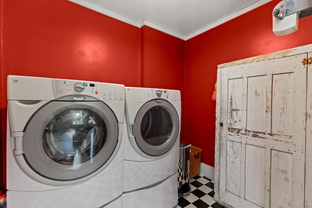 323 Runaround Pond Rd, Durham, ME 04222 - laundry area featuring tile patterned floors, independent washer and dryer, and crown molding