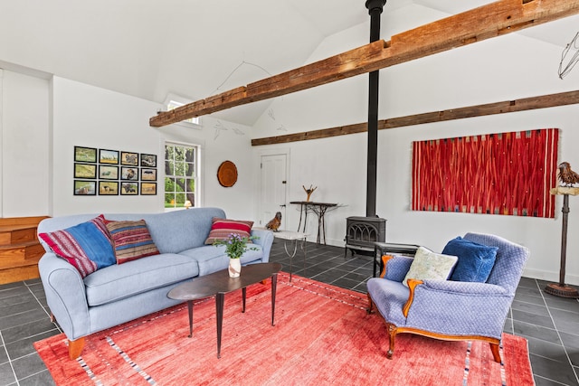 323 Runaround Pond Rd, Durham, ME 04222 - living room with a wood stove, tile patterned flooring, and high vaulted ceiling