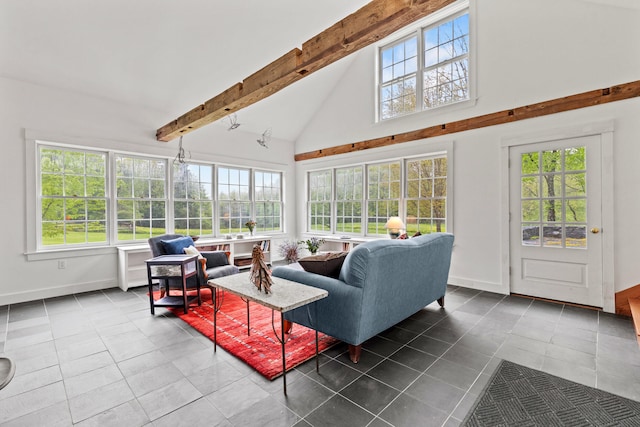 323 Runaround Pond Rd, Durham, ME 04222 - sunroom with tile patterned floors, high vaulted ceiling, beamed ceiling, and baseboards