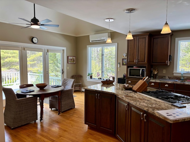 kitchen with light wood finished floors, a wall mounted AC, dark brown cabinets, appliances with stainless steel finishes, and decorative light fixtures