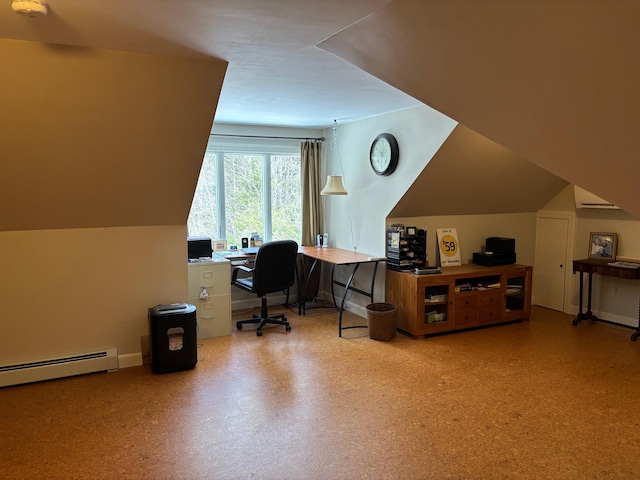 office area with a baseboard heating unit, lofted ceiling, and baseboards