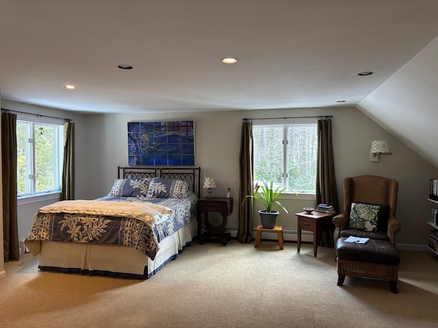 bedroom with recessed lighting, lofted ceiling, baseboard heating, and carpet flooring