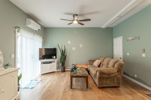 living room with a baseboard radiator, a ceiling fan, baseboards, an AC wall unit, and light wood-type flooring