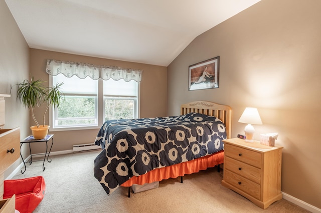 bedroom featuring a baseboard heating unit, carpet, vaulted ceiling, and baseboards