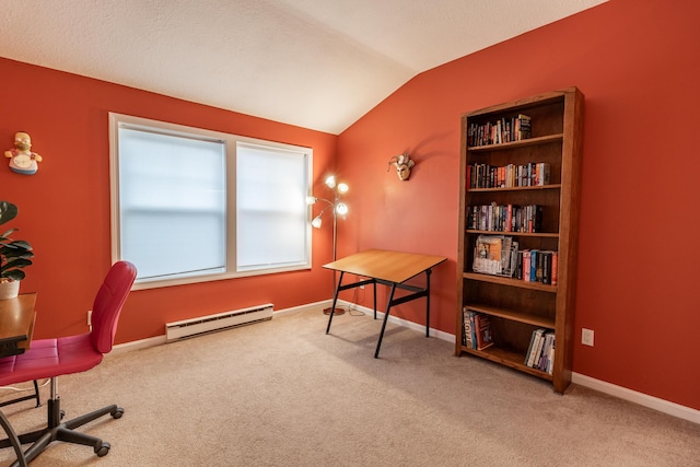 office featuring carpet, a baseboard radiator, baseboards, and vaulted ceiling